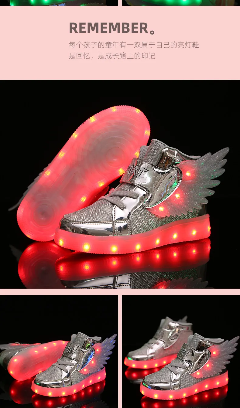 Waterproof Leather Kids Luminous Shoes Sneakers Led Light Shoes with Wing USB Charging Casual Sports Shoes Girls Skateboard Shoe