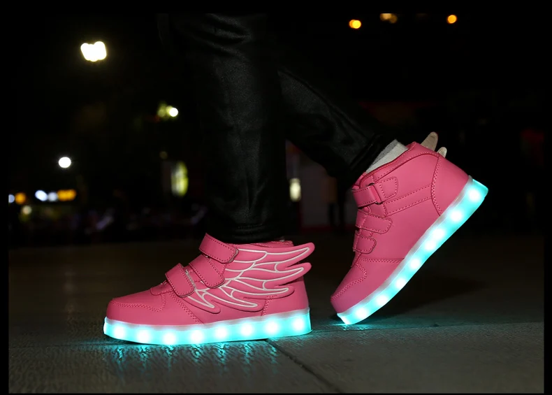 Waterproof Leather Kids Luminous Shoes Sneakers Led Light Shoes with Wing USB Charging Casual Sports Shoes Girls Skateboard Shoe
