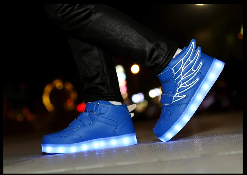 Waterproof Leather Kids Luminous Shoes Sneakers Led Light Shoes with Wing USB Charging Casual Sports Shoes Girls Skateboard Shoe