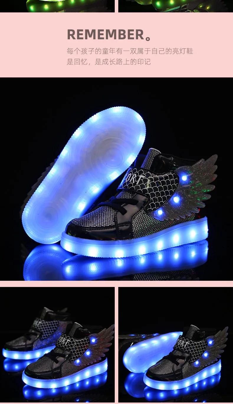 Waterproof Leather Kids Luminous Shoes Sneakers Led Light Shoes with Wing USB Charging Casual Sports Shoes Girls Skateboard Shoe
