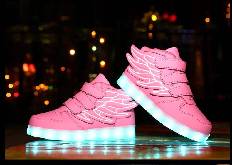 Waterproof Leather Kids Luminous Shoes Sneakers Led Light Shoes with Wing USB Charging Casual Sports Shoes Girls Skateboard Shoe
