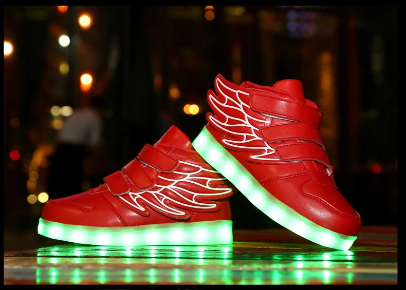 Waterproof Leather Kids Luminous Shoes Sneakers Led Light Shoes with Wing USB Charging Casual Sports Shoes Girls Skateboard Shoe