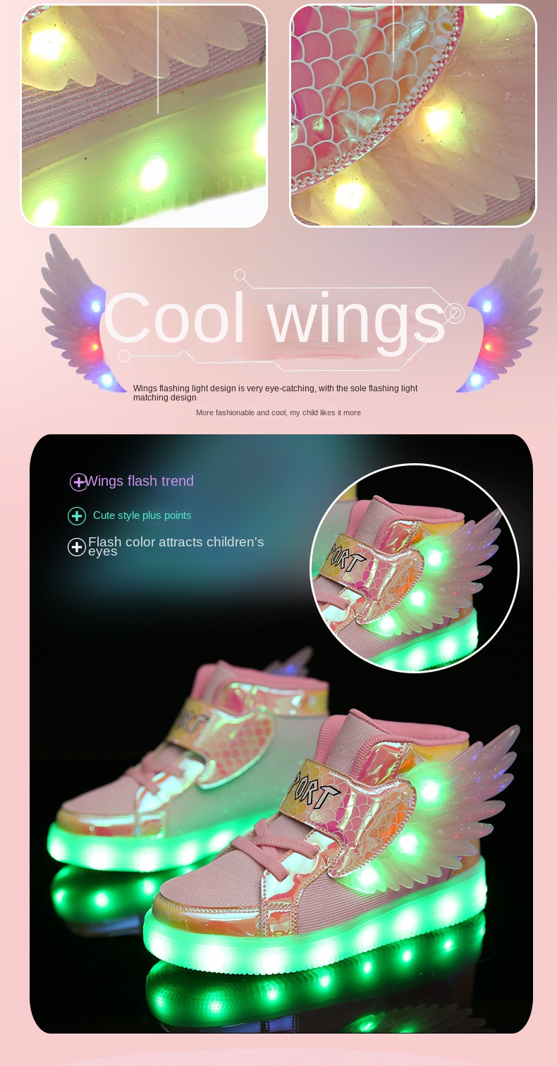 Waterproof Leather Kids Luminous Shoes Sneakers Led Light Shoes with Wing USB Charging Casual Sports Shoes Girls Skateboard Shoe