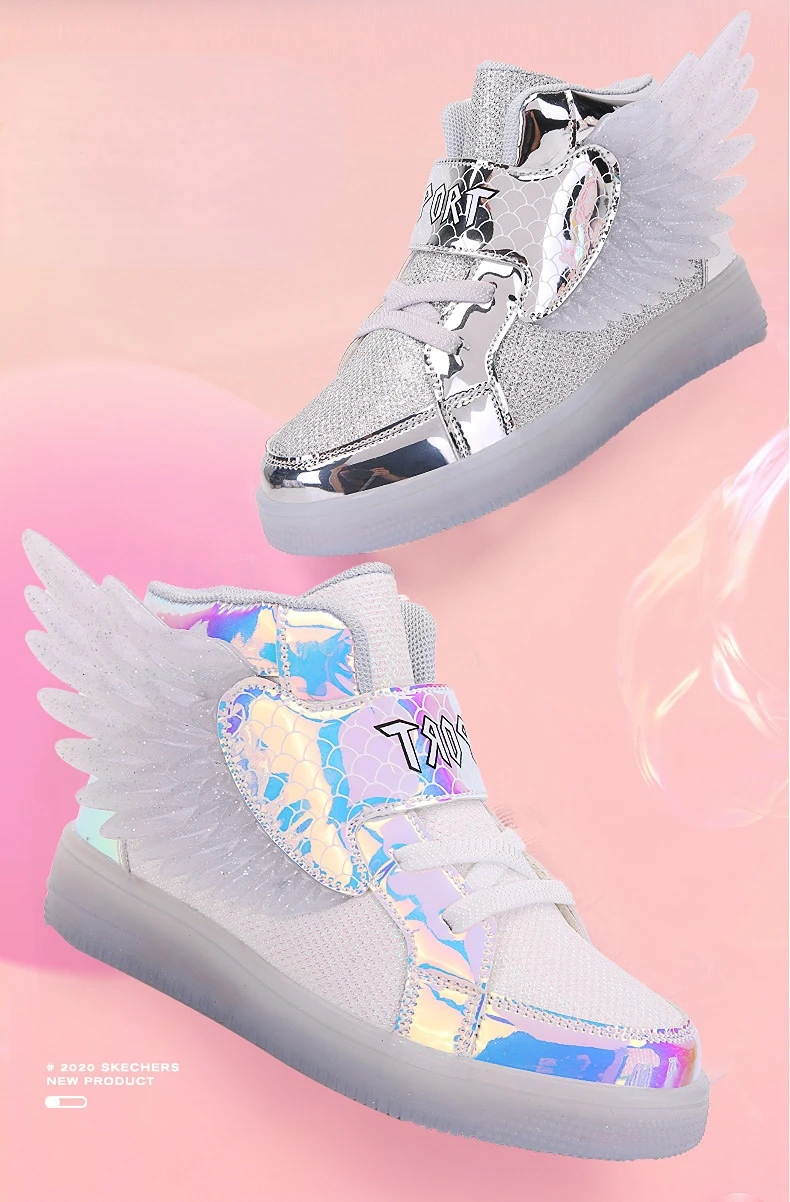 Waterproof Leather Kids Luminous Shoes Sneakers Led Light Shoes with Wing USB Charging Casual Sports Shoes Girls Skateboard Shoe