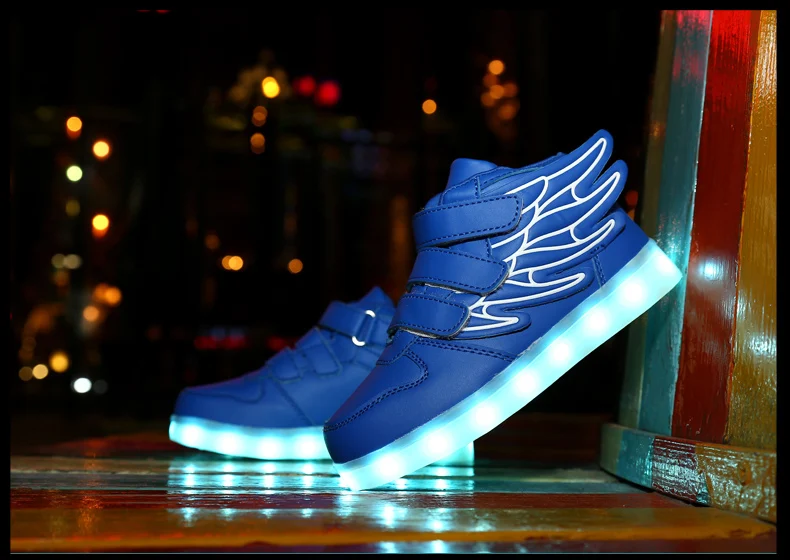 Waterproof Leather Kids Luminous Shoes Sneakers Led Light Shoes with Wing USB Charging Casual Sports Shoes Girls Skateboard Shoe
