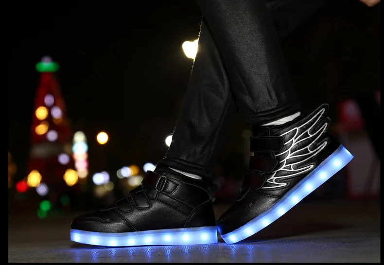 Waterproof Leather Kids Luminous Shoes Sneakers Led Light Shoes with Wing USB Charging Casual Sports Shoes Girls Skateboard Shoe