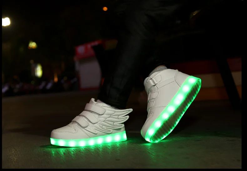 Waterproof Leather Kids Luminous Shoes Sneakers Led Light Shoes with Wing USB Charging Casual Sports Shoes Girls Skateboard Shoe