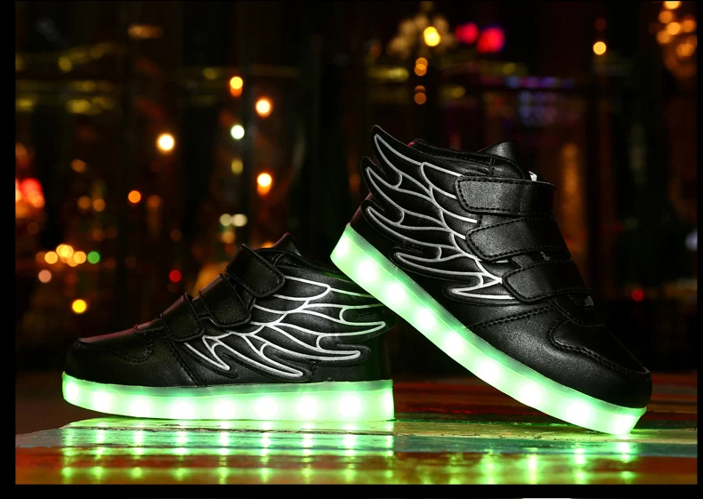 Waterproof Leather Kids Luminous Shoes Sneakers Led Light Shoes with Wing USB Charging Casual Sports Shoes Girls Skateboard Shoe
