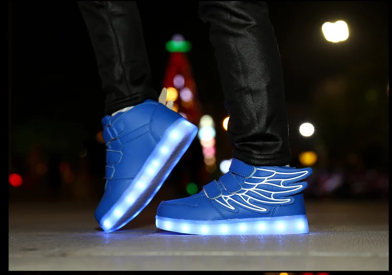 Waterproof Leather Kids Luminous Shoes Sneakers Led Light Shoes with Wing USB Charging Casual Sports Shoes Girls Skateboard Shoe
