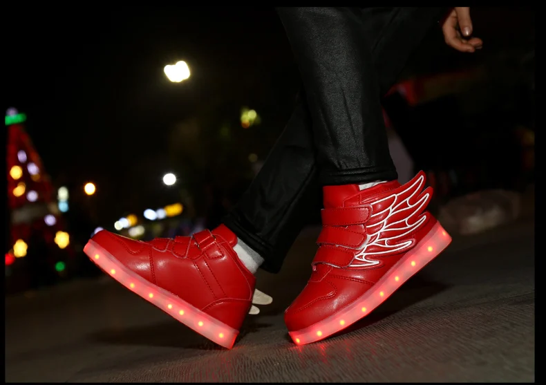 Waterproof Leather Kids Luminous Shoes Sneakers Led Light Shoes with Wing USB Charging Casual Sports Shoes Girls Skateboard Shoe