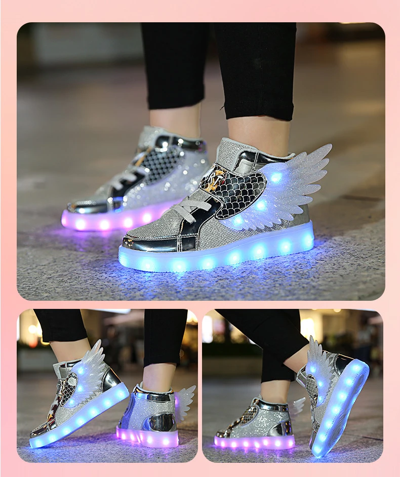 Waterproof Leather Kids Luminous Shoes Sneakers Led Light Shoes with Wing USB Charging Casual Sports Shoes Girls Skateboard Shoe