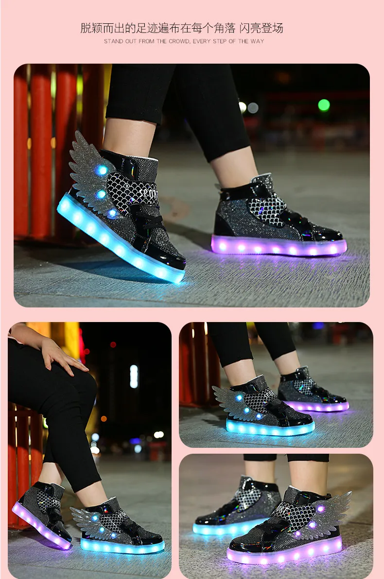 Waterproof Leather Kids Luminous Shoes Sneakers Led Light Shoes with Wing USB Charging Casual Sports Shoes Girls Skateboard Shoe