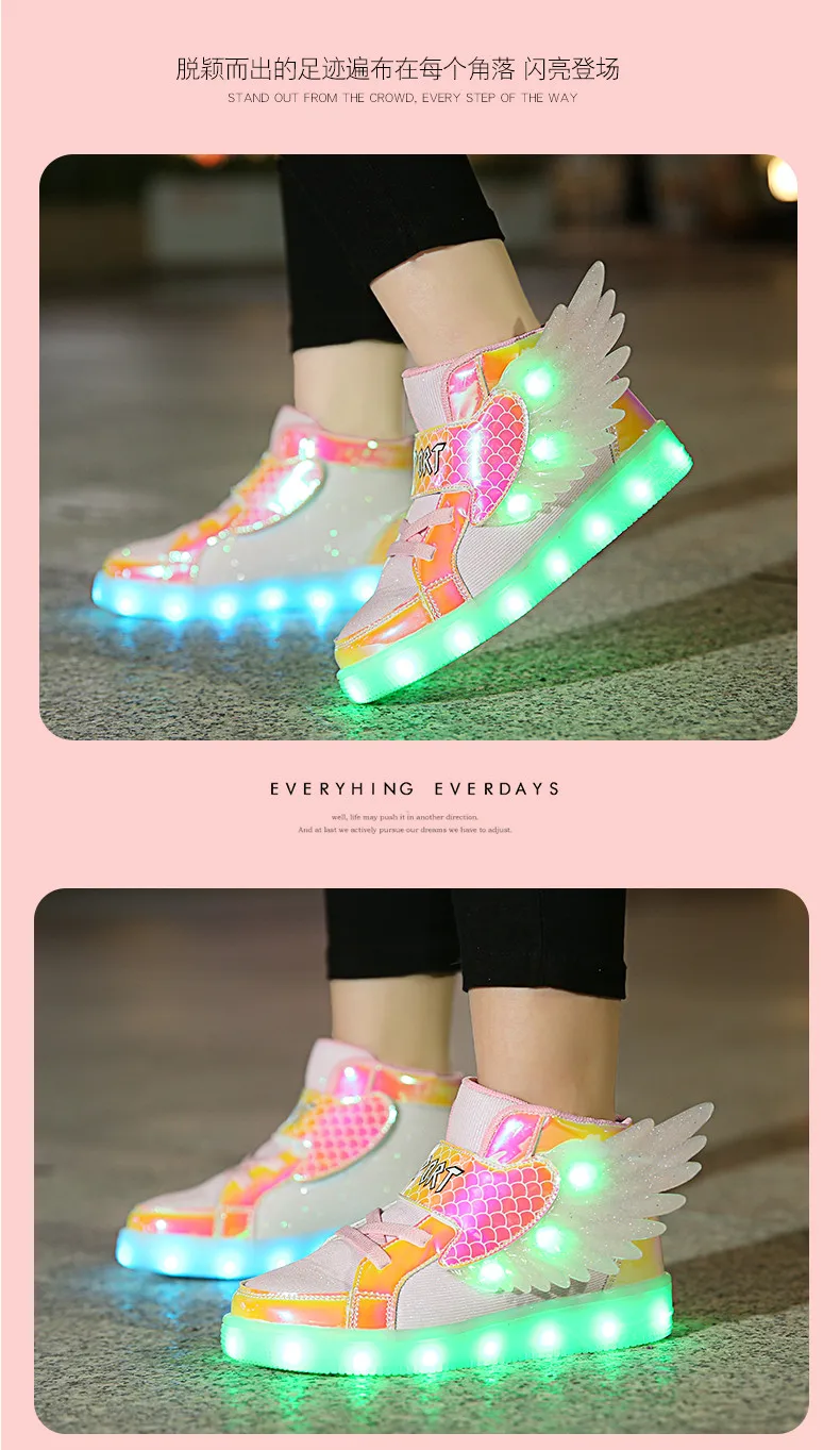 Waterproof Leather Kids Luminous Shoes Sneakers Led Light Shoes with Wing USB Charging Casual Sports Shoes Girls Skateboard Shoe