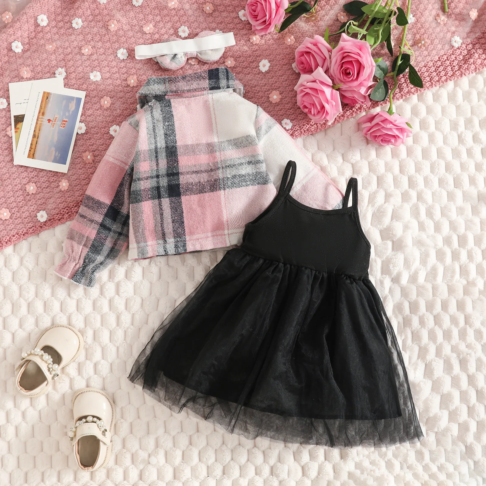 Children Baby Girls Clothes Fashion Lapel Pink Plaid Jacket+Black Mesh Dress For Girls Kids Dress Set 3pcs Baby Girl Outfit Sets