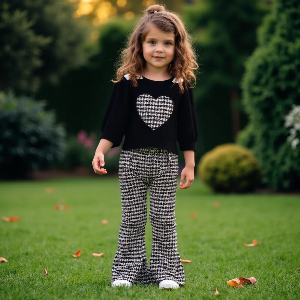 1-6Year Little Girl Clothes Set Kids Korean Style Set Love Heart Print Long Sleeve Top+Plaid Pants with Hat Fashion 3PCS Outfits
