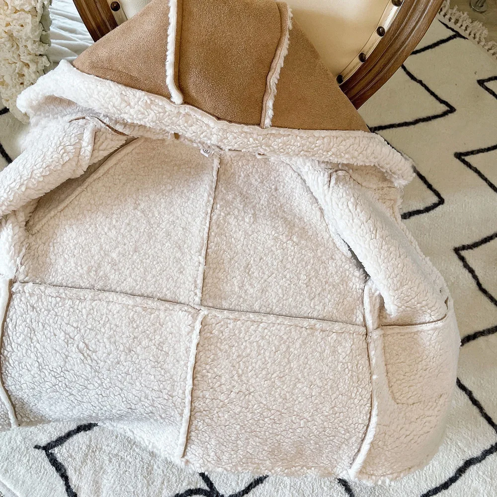 2025 Winter New Children Warm Lamb Fleece Coat Baby Vintage Hooded Jacket Plus Velvet Thick Boys Girls Cotton Padded Jacket