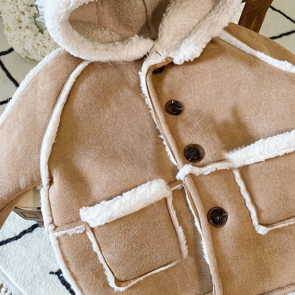 2025 Winter New Children Warm Lamb Fleece Coat Baby Vintage Hooded Jacket Plus Velvet Thick Boys Girls Cotton Padded Jacket