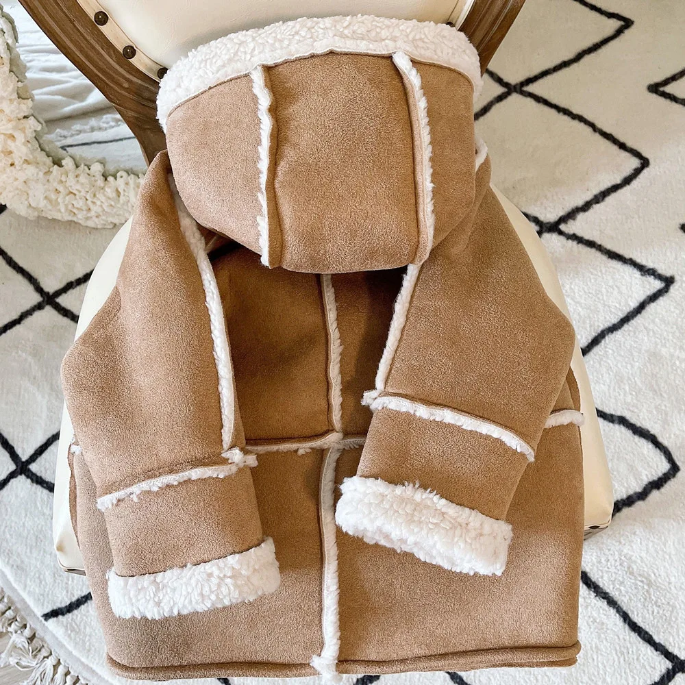 2025 Winter New Children Warm Lamb Fleece Coat Baby Vintage Hooded Jacket Plus Velvet Thick Boys Girls Cotton Padded Jacket