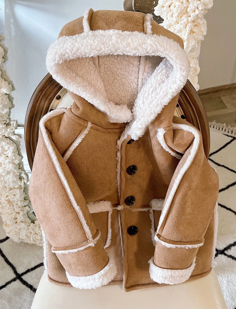 2025 Winter New Children Warm Lamb Fleece Coat Baby Vintage Hooded Jacket Plus Velvet Thick Boys Girls Cotton Padded Jacket