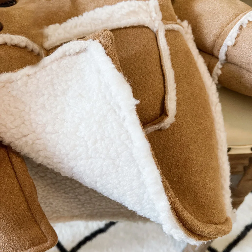 2025 Winter New Children Warm Lamb Fleece Coat Baby Vintage Hooded Jacket Plus Velvet Thick Boys Girls Cotton Padded Jacket