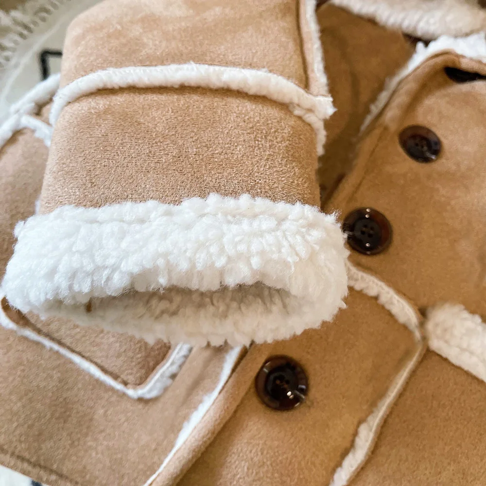 2025 Winter New Children Warm Lamb Fleece Coat Baby Vintage Hooded Jacket Plus Velvet Thick Boys Girls Cotton Padded Jacket