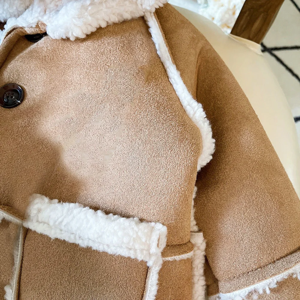 2025 Winter New Children Warm Lamb Fleece Coat Baby Vintage Hooded Jacket Plus Velvet Thick Boys Girls Cotton Padded Jacket