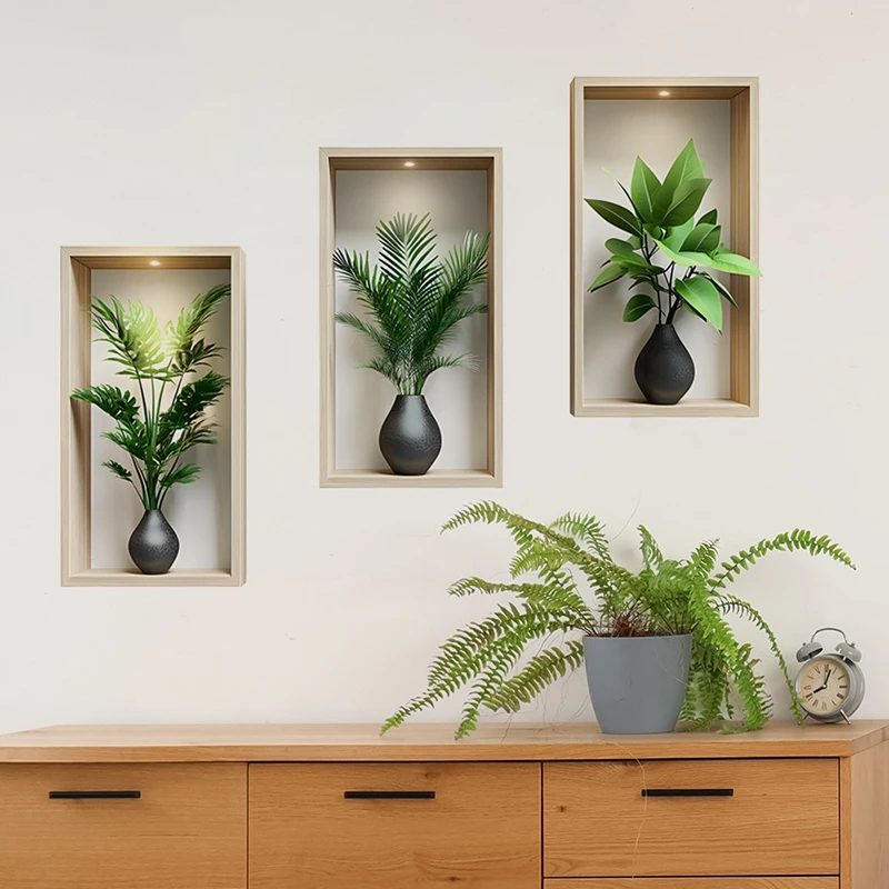 Green Plants Wall Sticker Potted Mural Simulation Painting For Living Room Home Decor Background Wall Art Removable Decals