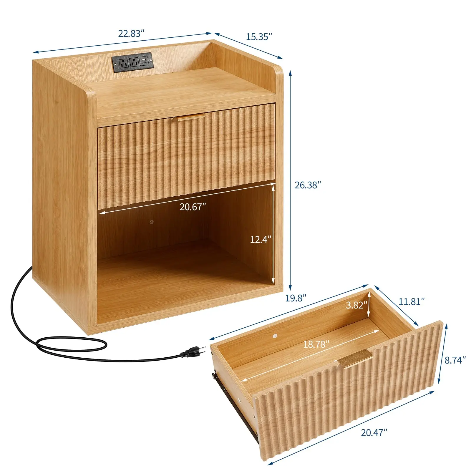 Set Of 2 Fluted Nightstands With Charging Station, 22.83in Wood Bedside Tables With Drawer & Shelf, Oak End Tables Bedroom