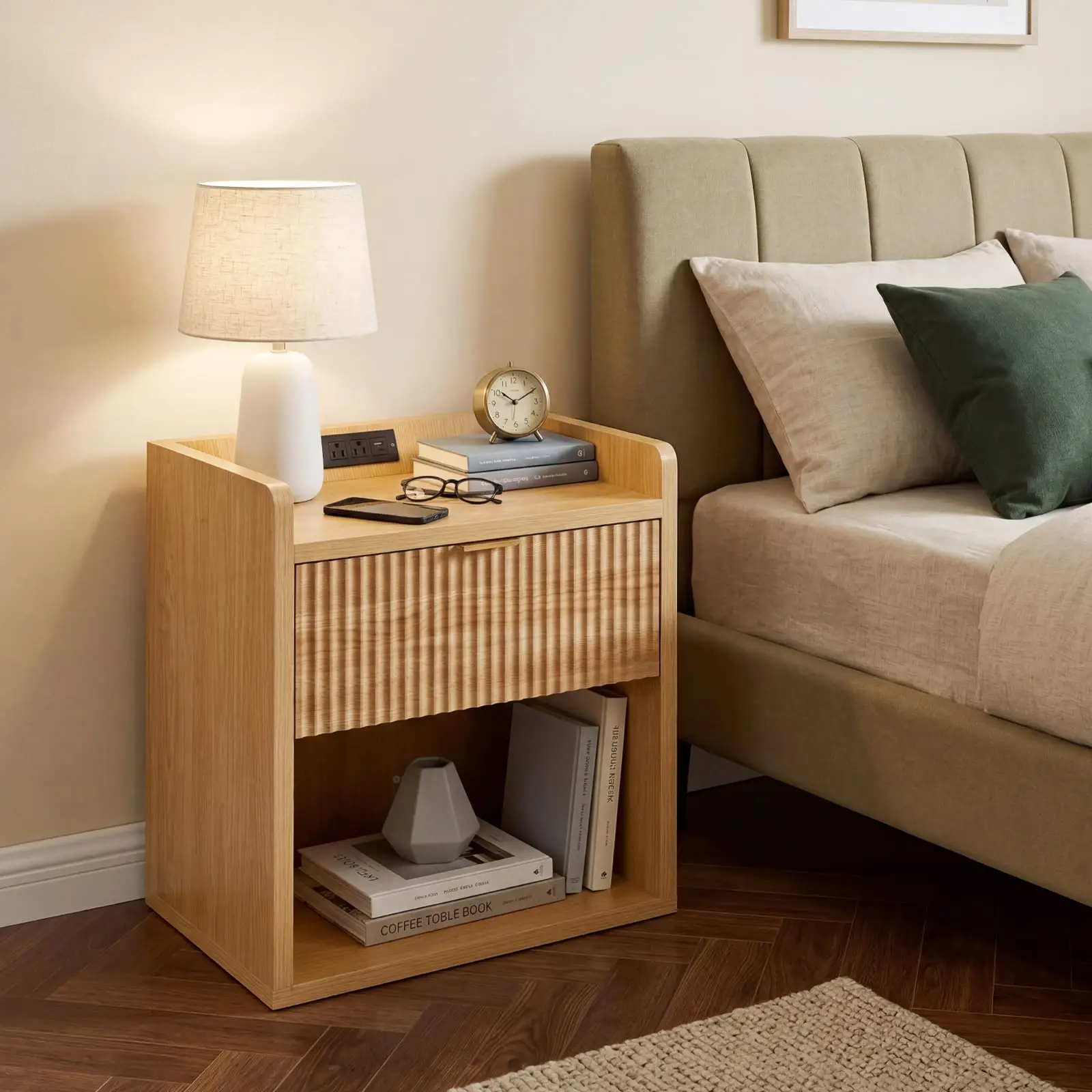Set Of 2 Fluted Nightstands With Charging Station, 22.83in Wood Bedside Tables With Drawer & Shelf, Oak End Tables Bedroom