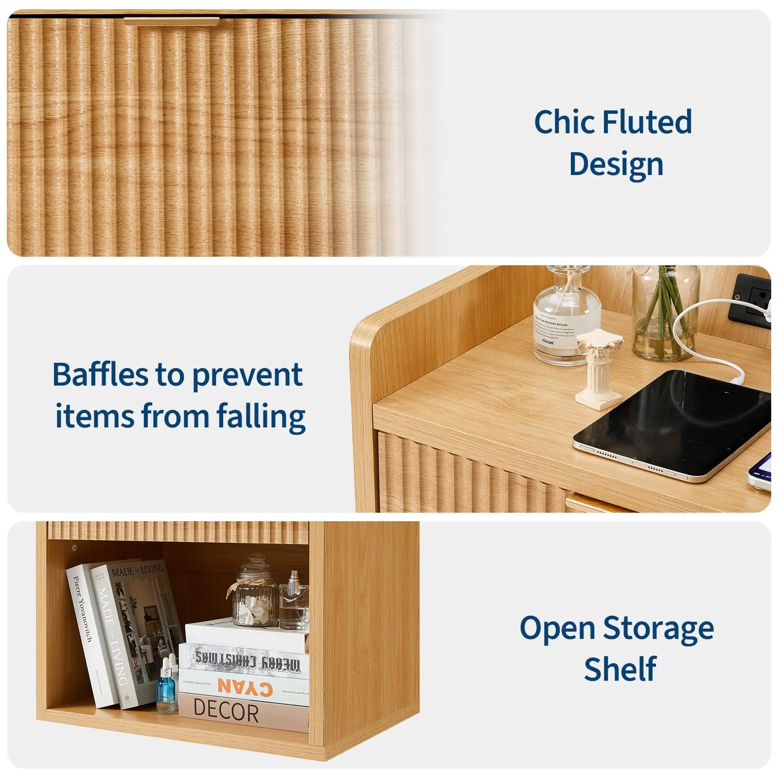 Set Of 2 Fluted Nightstands With Charging Station, 22.83in Wood Bedside Tables With Drawer & Shelf, Oak End Tables Bedroom