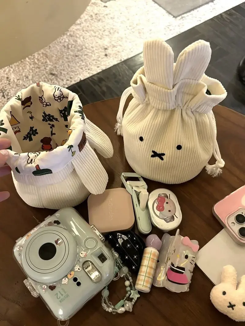 @2026 Miffy Kawaii Corduroy Bundle Pocket Cute Portable Large Capacity Storage Bag Makeup Bag Drawstring Handbag Cute Gift Toy