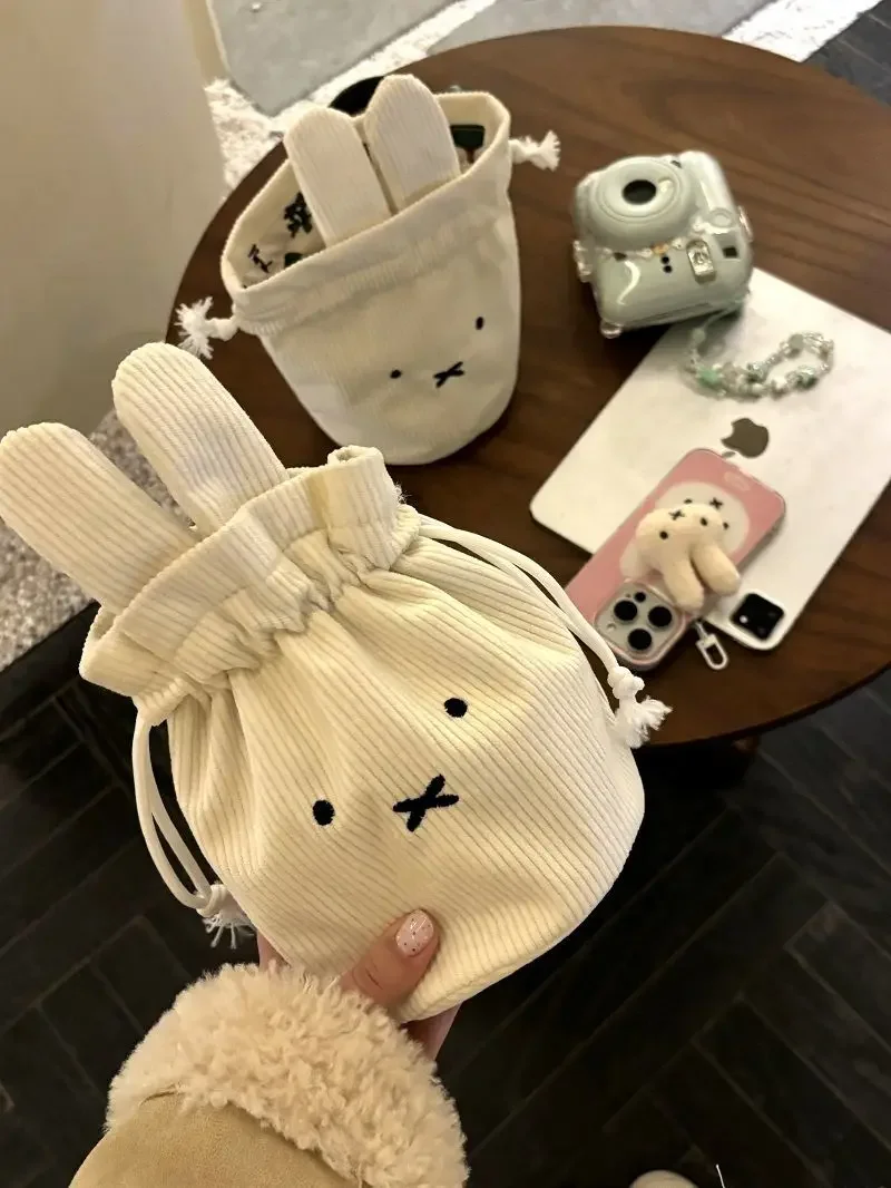 @2026 Miffy Kawaii Corduroy Bundle Pocket Cute Portable Large Capacity Storage Bag Makeup Bag Drawstring Handbag Cute Gift Toy
