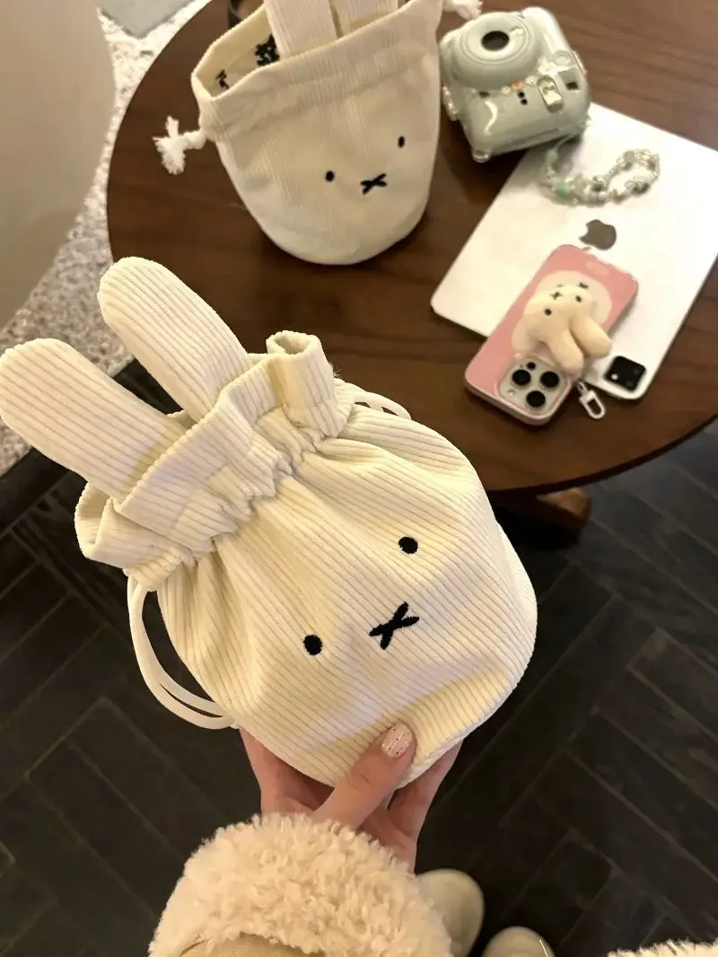 @2026 Miffy Kawaii Corduroy Bundle Pocket Cute Portable Large Capacity Storage Bag Makeup Bag Drawstring Handbag Cute Gift Toy