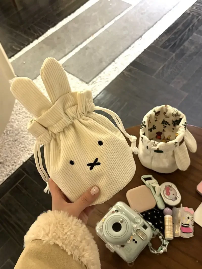 @2026 Miffy Kawaii Corduroy Bundle Pocket Cute Portable Large Capacity Storage Bag Makeup Bag Drawstring Handbag Cute Gift Toy