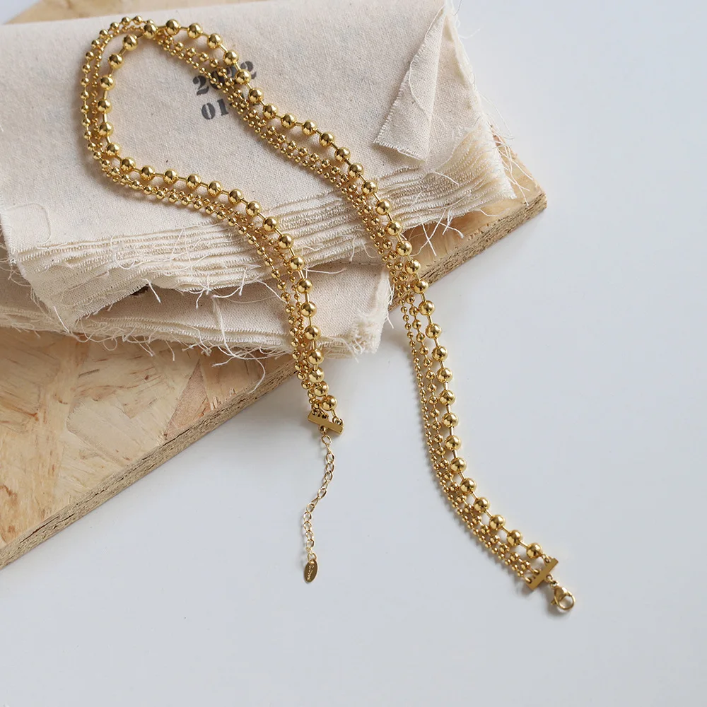 RHYSONG 316L Stainless Steel With 18K Gold Plated PVD Unique Layered Beads Chain Necklace For Women Fashion Gold Silver Jewelry