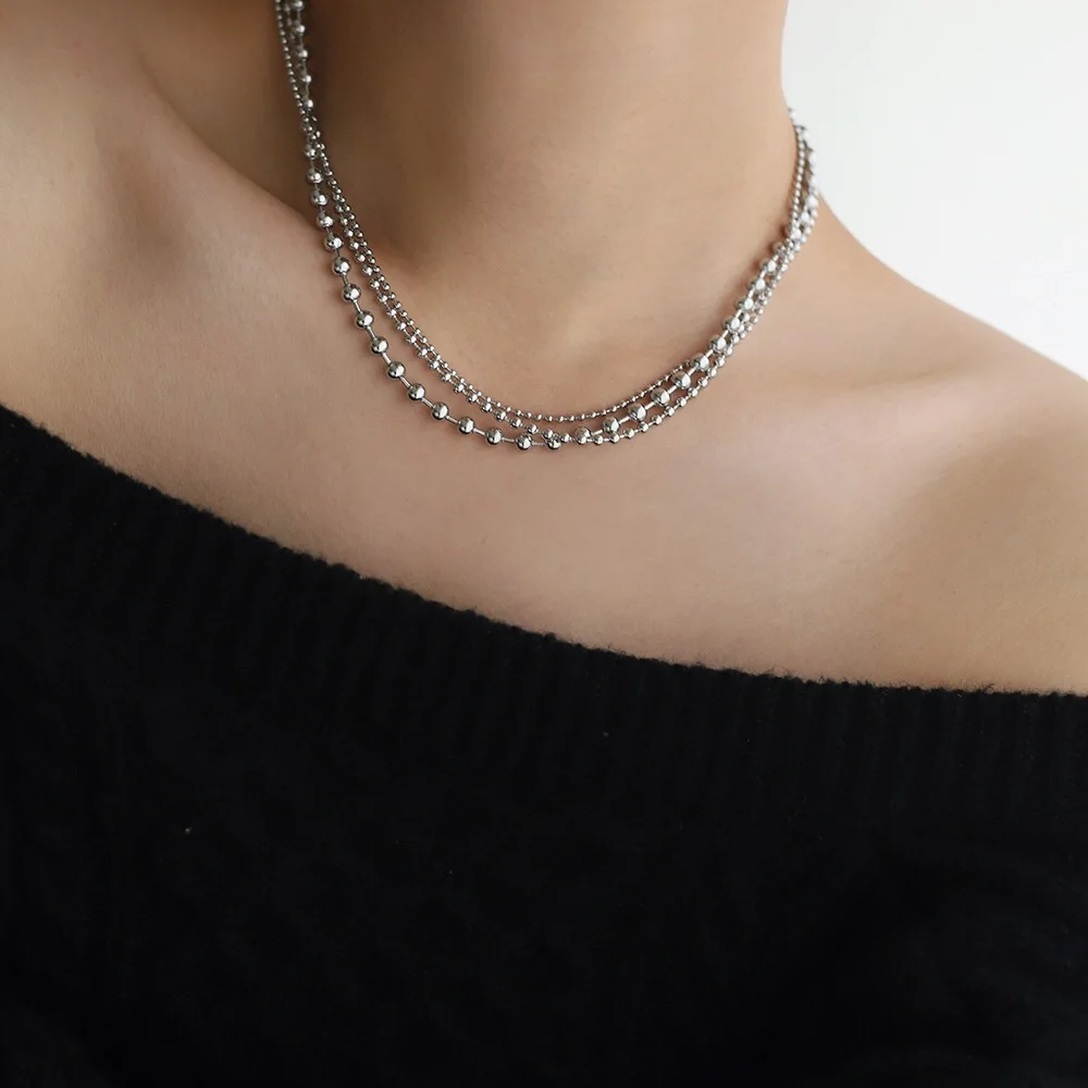 RHYSONG 316L Stainless Steel With 18K Gold Plated PVD Unique Layered Beads Chain Necklace For Women Fashion Gold Silver Jewelry