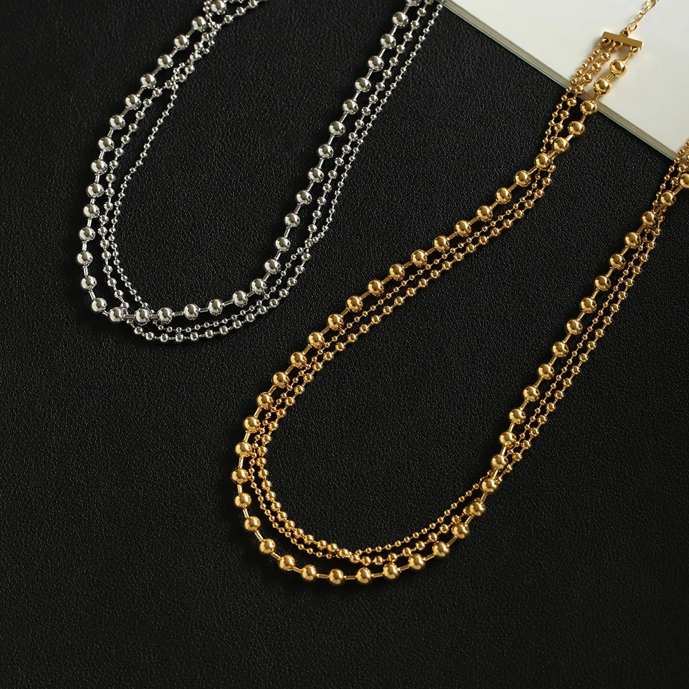 RHYSONG 316L Stainless Steel With 18K Gold Plated PVD Unique Layered Beads Chain Necklace For Women Fashion Gold Silver Jewelry