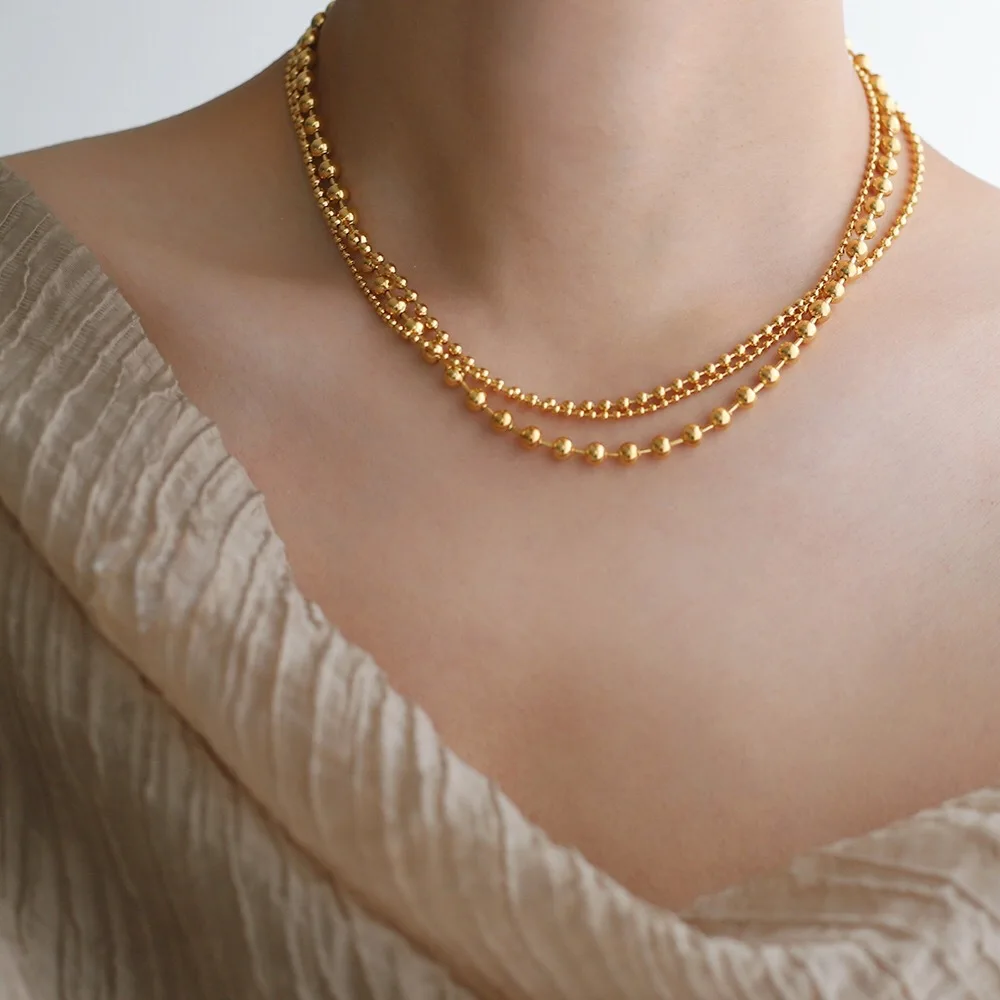 RHYSONG 316L Stainless Steel With 18K Gold Plated PVD Unique Layered Beads Chain Necklace For Women Fashion Gold Silver Jewelry