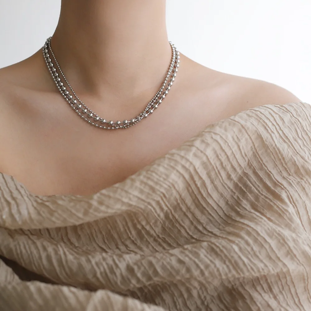 RHYSONG 316L Stainless Steel With 18K Gold Plated PVD Unique Layered Beads Chain Necklace For Women Fashion Gold Silver Jewelry