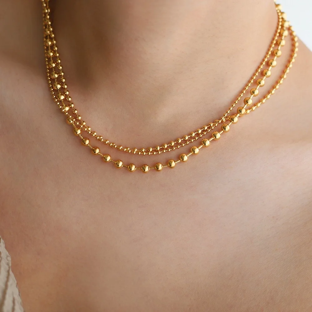 RHYSONG 316L Stainless Steel With 18K Gold Plated PVD Unique Layered Beads Chain Necklace For Women Fashion Gold Silver Jewelry