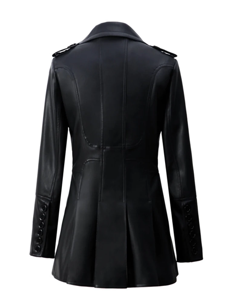 Mauroicardi Spring Fitted Black Skirted Soft Faux Leather Blazer Jacket Women Double Breasted Elegant Luxury Designer Clothes