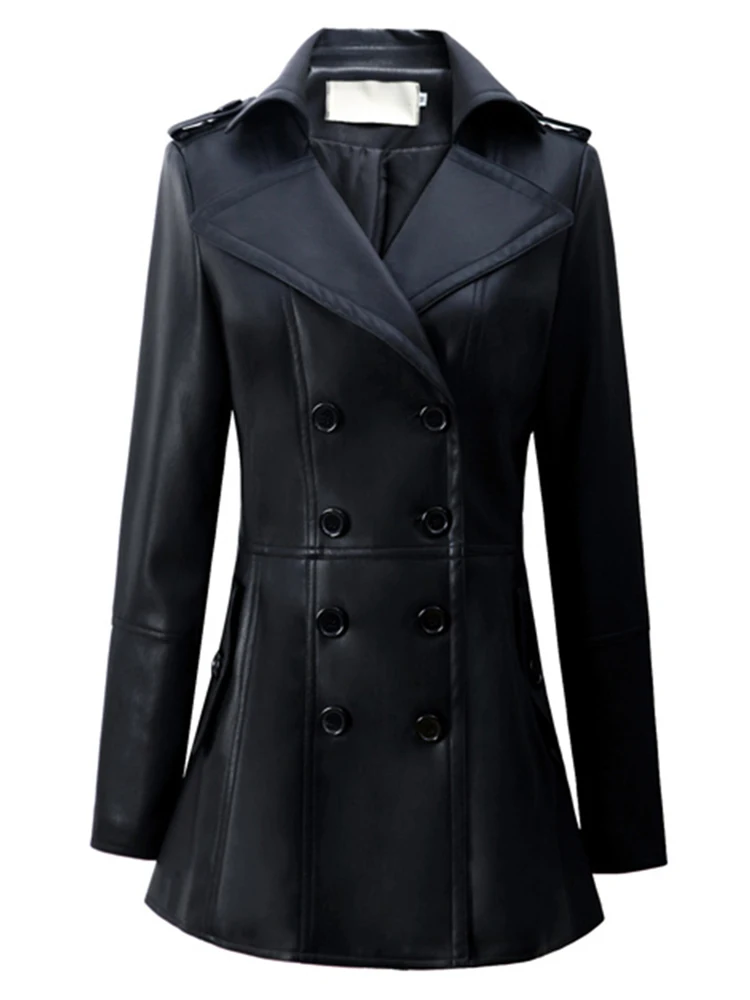Mauroicardi Spring Fitted Black Skirted Soft Faux Leather Blazer Jacket Women Double Breasted Elegant Luxury Designer Clothes
