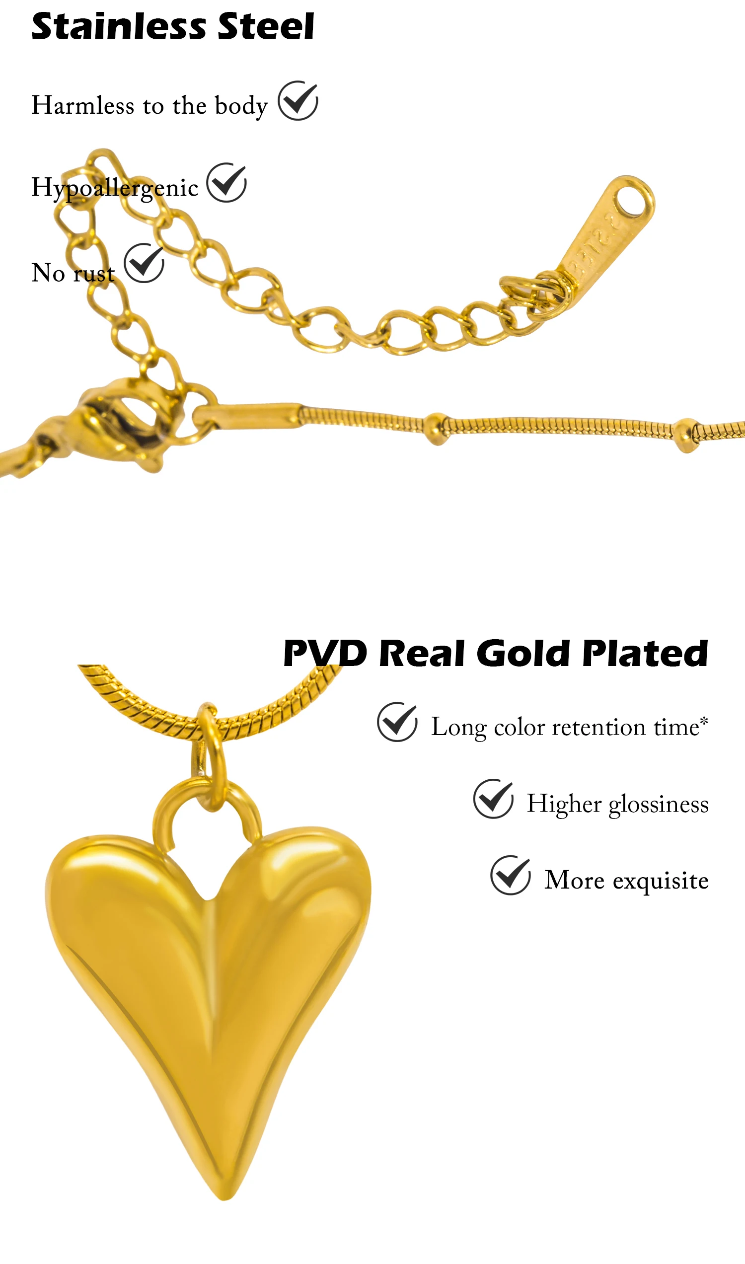 UHBINYCA Minimalism Smooth Stainless Steel Heart Waterproof Necklace Pendant for Women 18k Gold Plated Jewelry