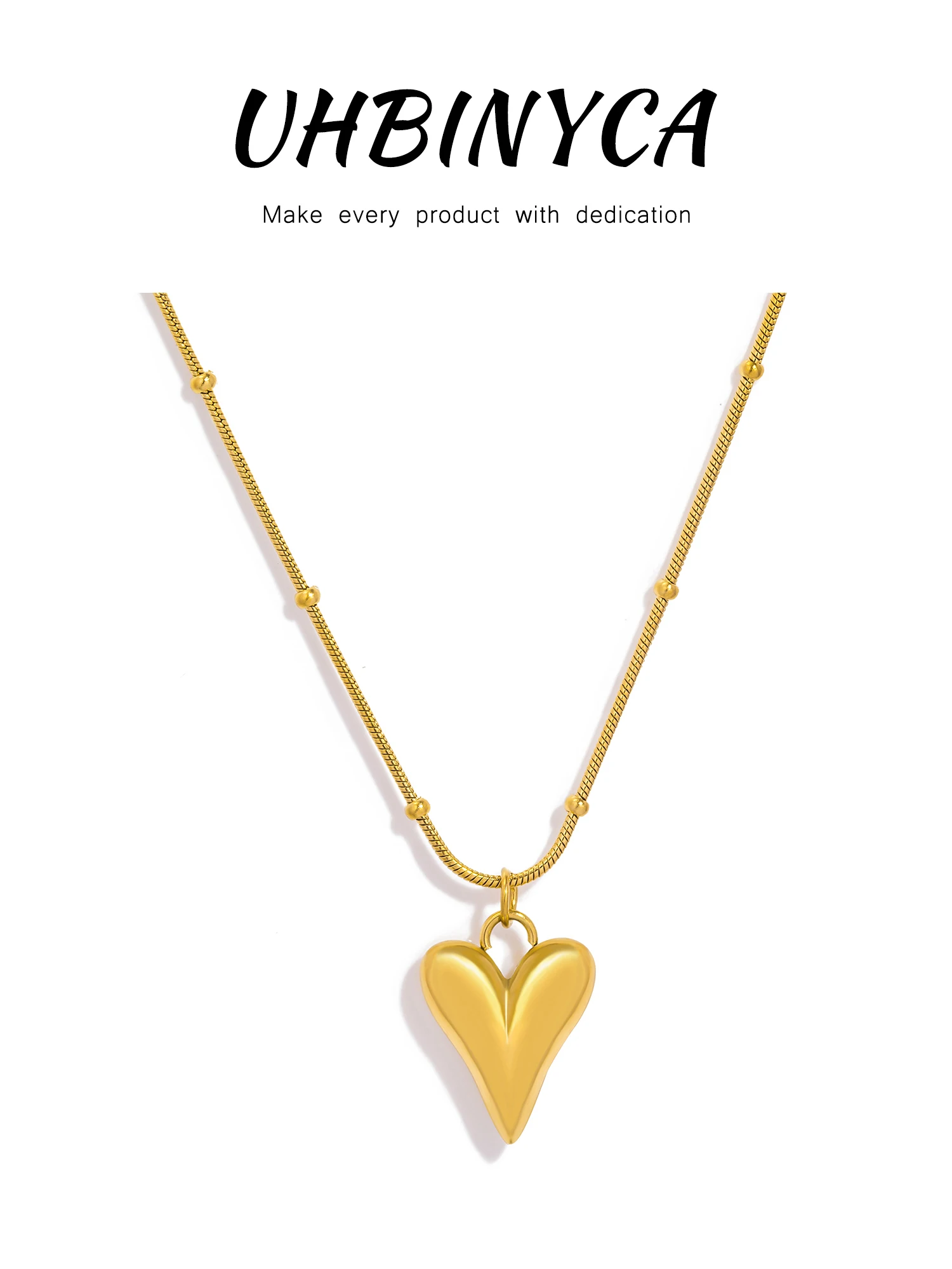 UHBINYCA Minimalism Smooth Stainless Steel Heart Waterproof Necklace Pendant for Women 18k Gold Plated Jewelry