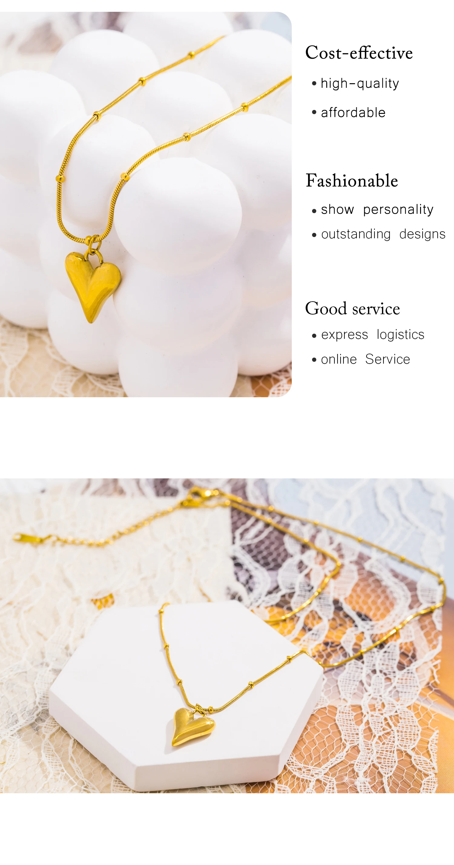 UHBINYCA Minimalism Smooth Stainless Steel Heart Waterproof Necklace Pendant for Women 18k Gold Plated Jewelry