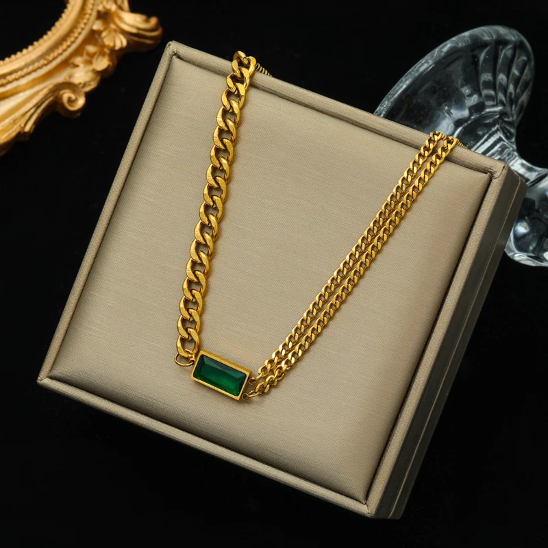 EILIECK 316L Stainless Steel Green Crystal Necklace Bracelet Earrings For Women Luxury Colorfast Jewelry 3-piece Set Gift Party