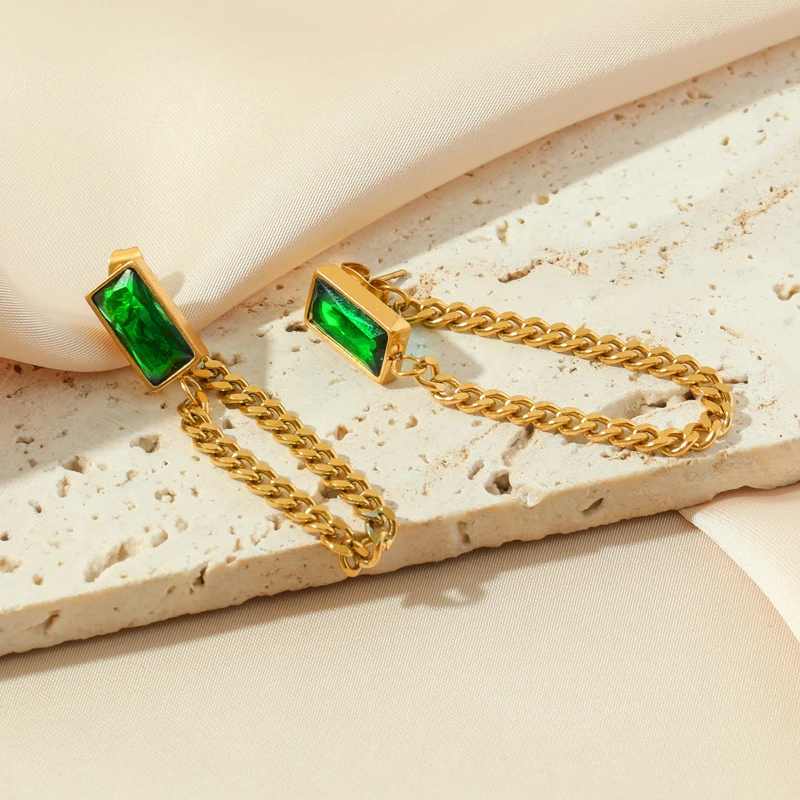 EILIECK 316L Stainless Steel Green Crystal Necklace Bracelet Earrings For Women Luxury Colorfast Jewelry 3-piece Set Gift Party