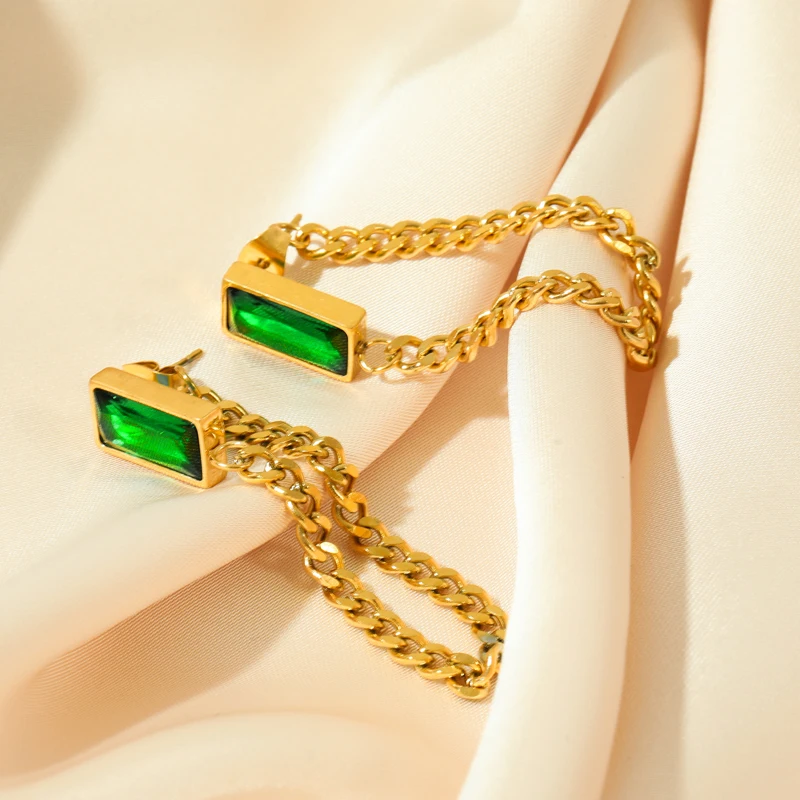 EILIECK 316L Stainless Steel Green Crystal Necklace Bracelet Earrings For Women Luxury Colorfast Jewelry 3-piece Set Gift Party