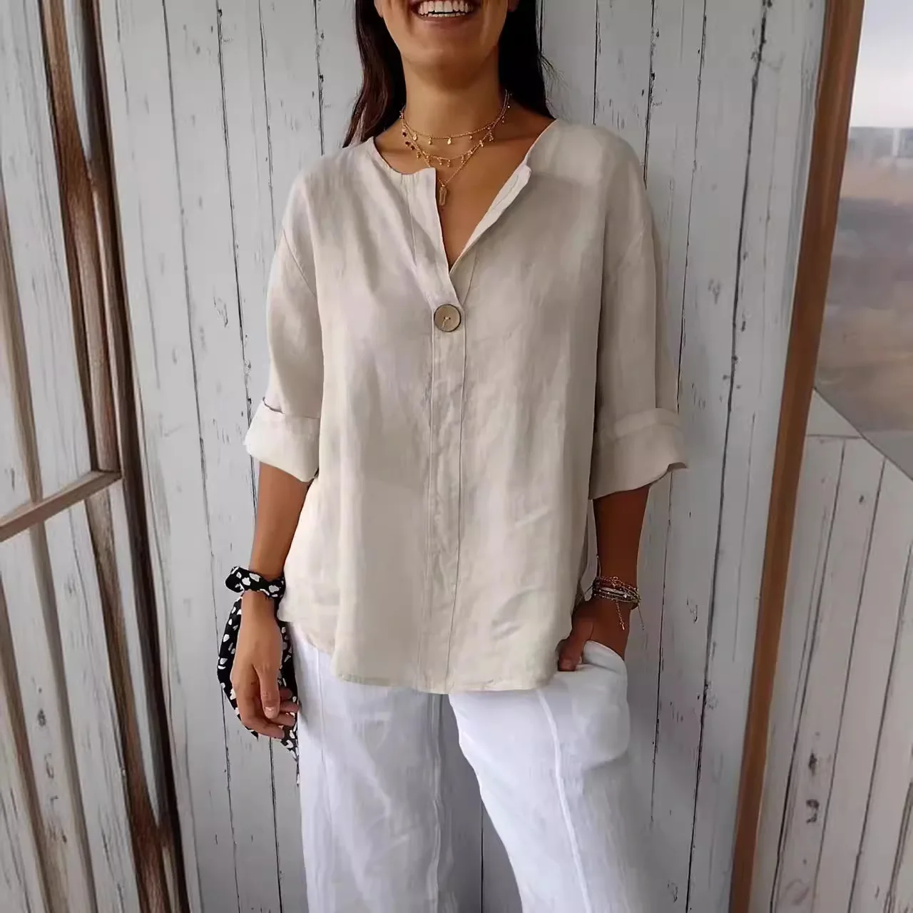 VEITCHE Spring Summer Women's Shirt Blouses Top V-neck Button Tee Shirts 3/4 Sleeve Casual Cotton Linen Top Loose Fit Pullover