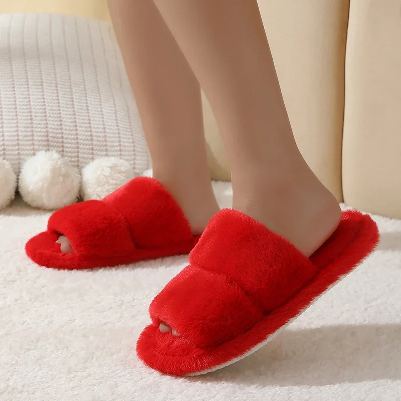 Leopard Pattern Plush Winter Slippers for Women Open Toe Soft Sole Fuzzy House Shoes Woman Indoor Comfort Warm Faux Fur Slippers